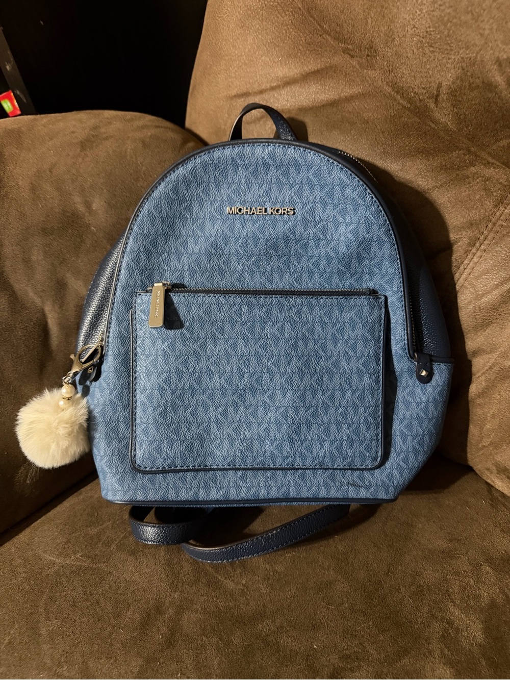 Michael Kors Denim Blue Signature Mini Backpack with Pom Charm